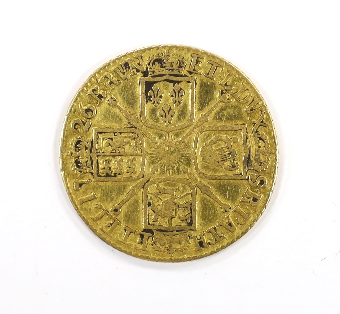 British gold coins, George I guinea 1726 (S3633), fifth laur. head, scratches to obv. otherwise F or better